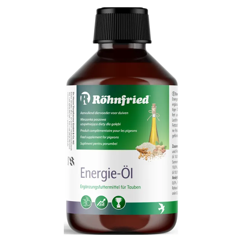 Flaconul maro de 250 ml de Energie-Öl Röhnfried, supliment pentru porumbei, cu etichetă verde
