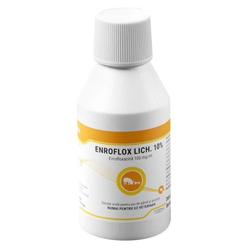 Flaconul de Enroflox Lich. 10% soluție orală, 100 ml, pentru pui de găină și porcine