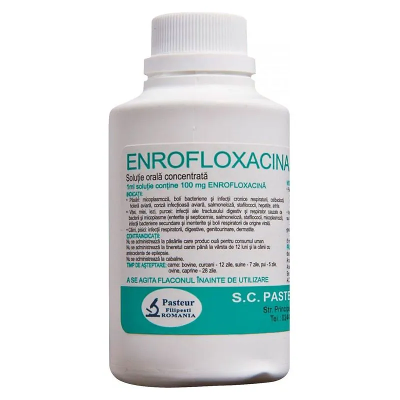 Flaconul de Enrofloxacină soluție orală concentrată 100 mg/ml, Pasteur Filipești