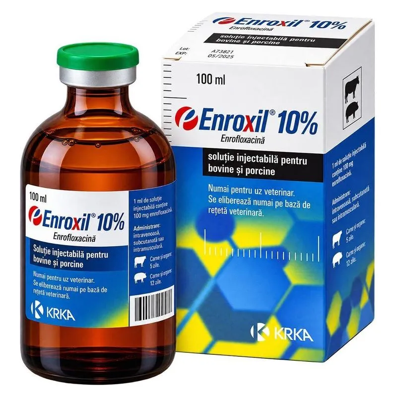 Flaconul și cutia de Enroxil 10% soluție injectabilă pentru bovine și porcine, 100 ml
