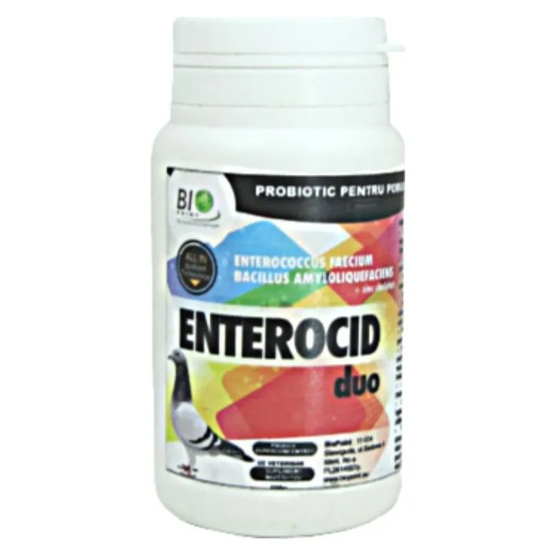 Recipientul alb de 100 g de Enterocid Duo, probiotic pentru porumbei, cu etichetă colorată și un porumbel