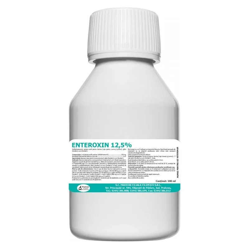 Flaconul alb de Enteroxin 12,5% soluție orală, Pasteur Filipești, 100 ml