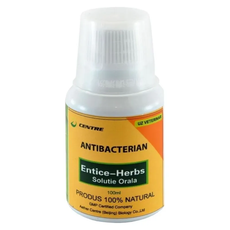 Flaconul de 100 ml de Entice-Herbs, soluție orală cu extracte de plante pentru porumbei, cu etichetă galbenă