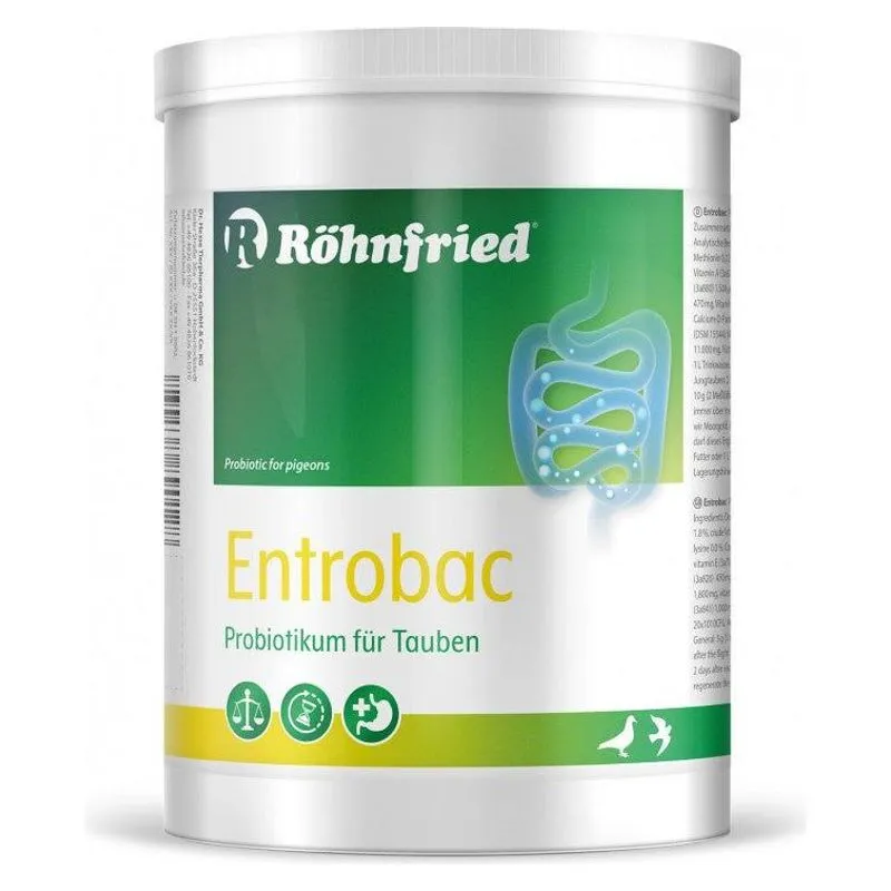 Cutia cilindrică de 600 g de Entrobac Röhnfried, probiotic pentru porumbei, cu etichetă verde