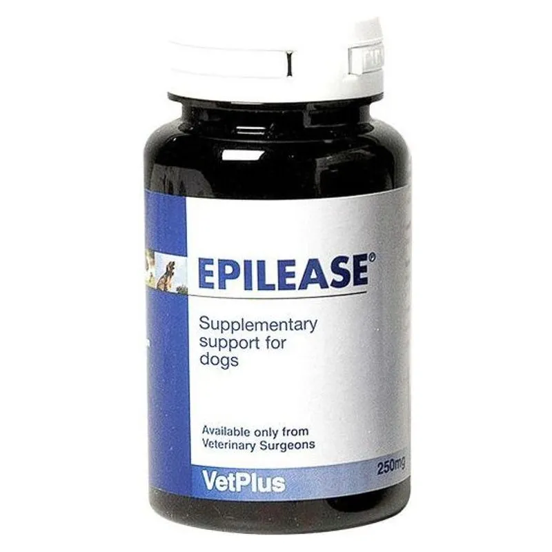Flaconul negru de Epilease 250 mg, cu eticheta VetPlus pentru câini