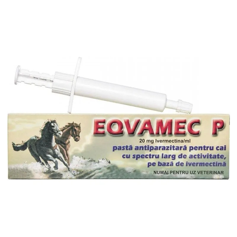 Cutia și seringa de Eqvamec P, pastă orală cu ivermectină pentru cai