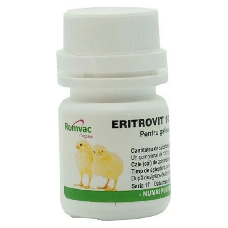 Flaconul de Eritrovit 10, comprimate cu eritromicină pentru păsări și porumbei
