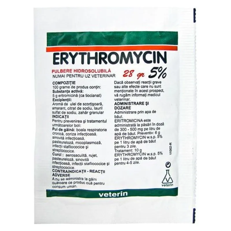 Plicul de Erythromycin 5% pulbere hidrosolubilă, ambalaj de 28 g