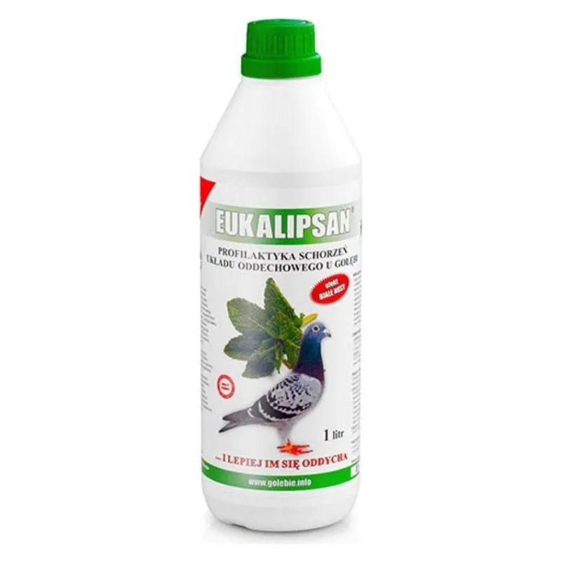 Flaconul verde de 1 L de Eukalipsan al firmei Patron, cu un porumbel pe etichetă
