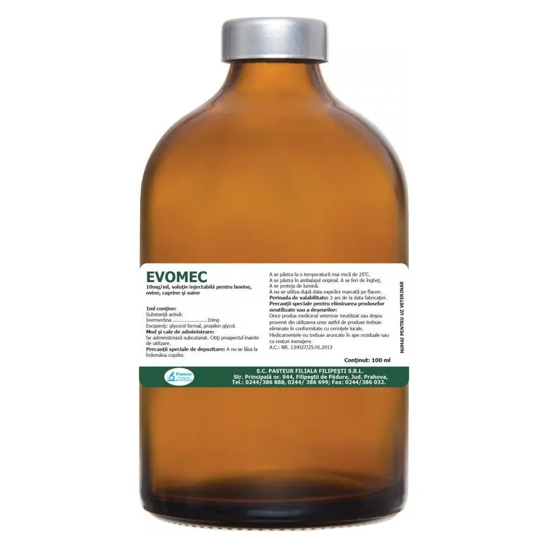 Flaconul de Evomec 100 ml, soluție injectabilă cu ivermectină de la Pasteur Filipești