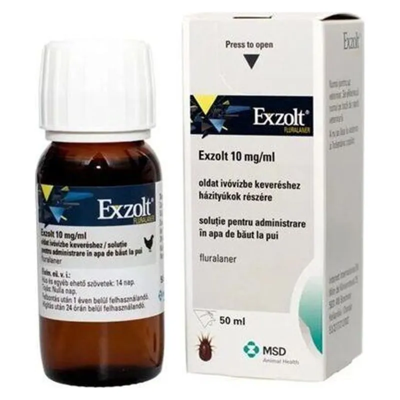 Flaconul și cutia de Exzolt 10 mg/ml, soluție cu fluralaner pentru apa de băut a păsărilor
