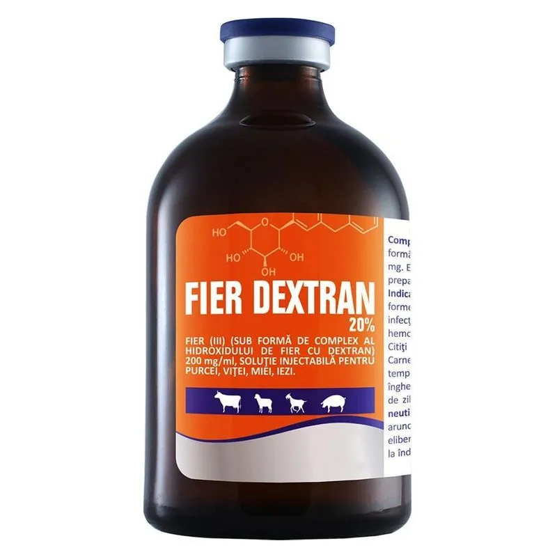 Flaconul de sticlă brună cu eticheta portocalie Fier Dextran 20%, soluție injectabilă pentru purcei, viței, miei și iezi