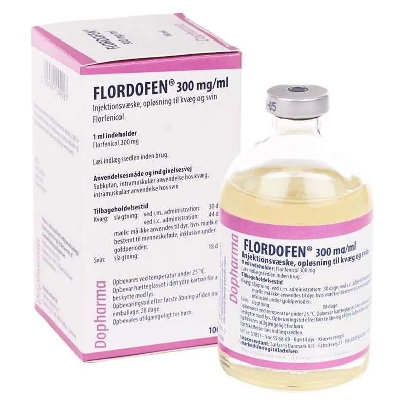 Flaconul și cutia de Flordofen 300 mg/ml, soluție injectabilă cu florfenicol pentru bovine și porcine
