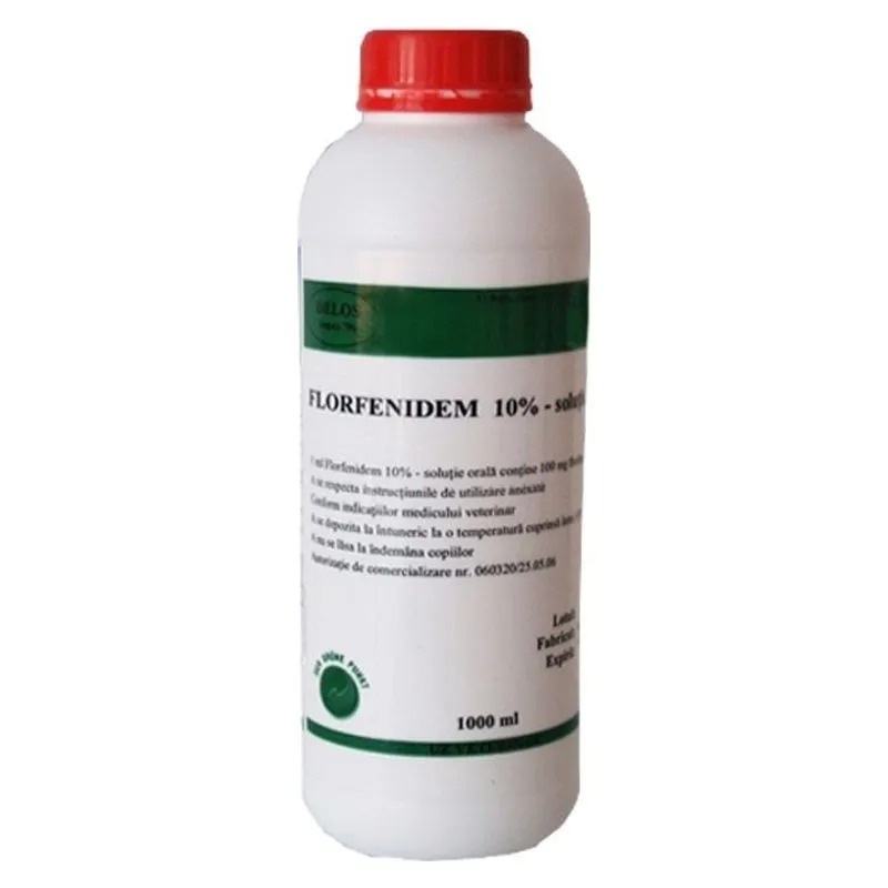Flaconul de 1000 ml de Florfenidem 10%, soluție orală cu florfenicol pentru porcine și pui