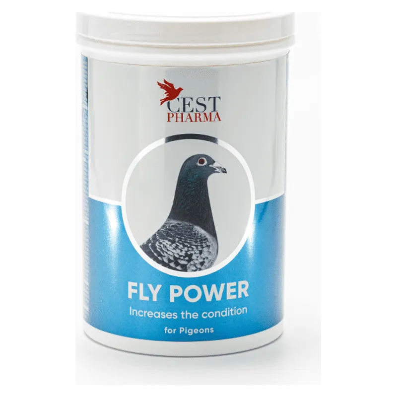 Recipientul alb de 600 g de Fly Power Cest Pharma, cu etichetă albastră și un porumbel