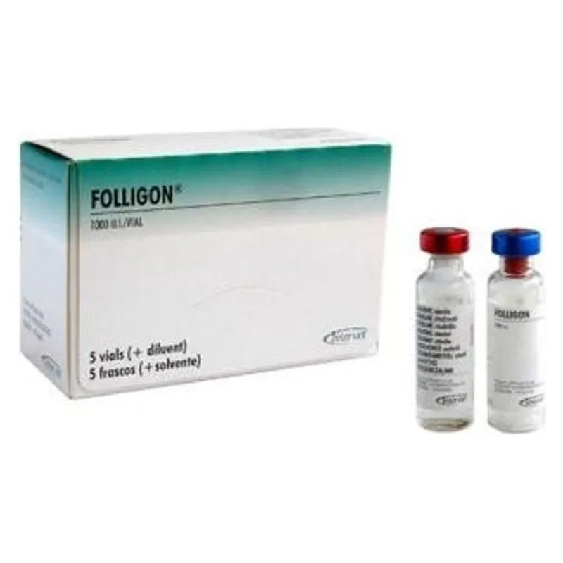 Cutia și flacoanele de Folligon 1000 UI, liofilizat cu solvent