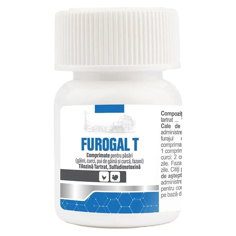 Flaconul de Furogal T, comprimate cu tilozină și sulfadimetoxină pentru păsări