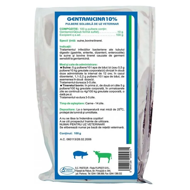 Punga de Gentamicină FP 10% pulbere solubilă, fabricată de Pasteur Filipești