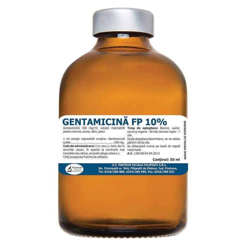 Flaconul de Gentamicină FP 10% injectabil, fabricat de Pasteur Filipești