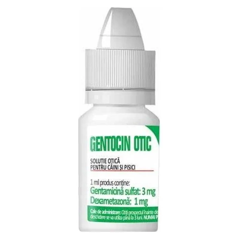 Flaconul alb cu picurător de Gentocin Otic, soluție otică pentru câini și pisici
