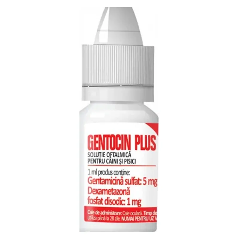 Flaconul alb cu picurător de Gentocin Plus, soluție oftalmică pentru câini și pisici