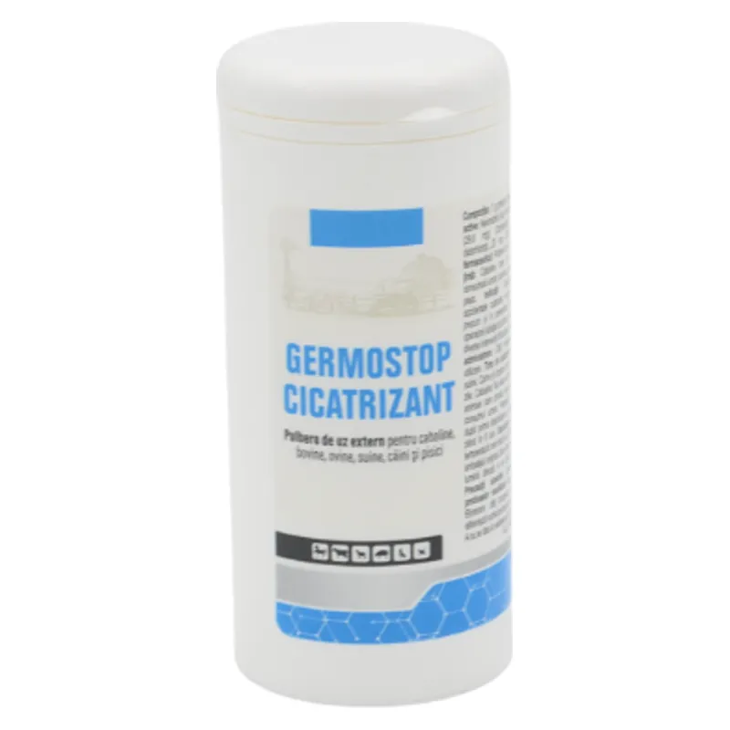 Flaconul de Germostop cicatrizant, pulbere de uz extern pentru plăgi, de 100 g
