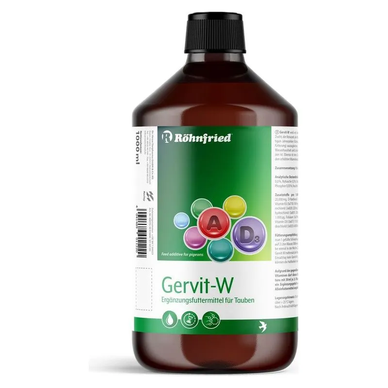 Flaconul de 1 litru de Gervit-W Röhnfried, multivitaminic lichid pentru porumbei