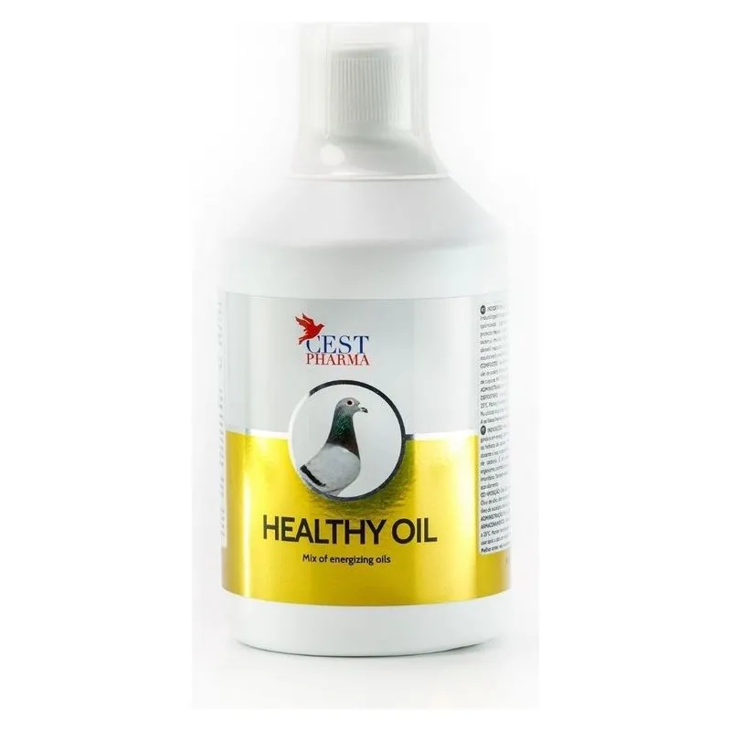 Flaconul alb de 500 ml de Healthy Oil Cest Pharma, cu etichetă galbenă și un porumbel