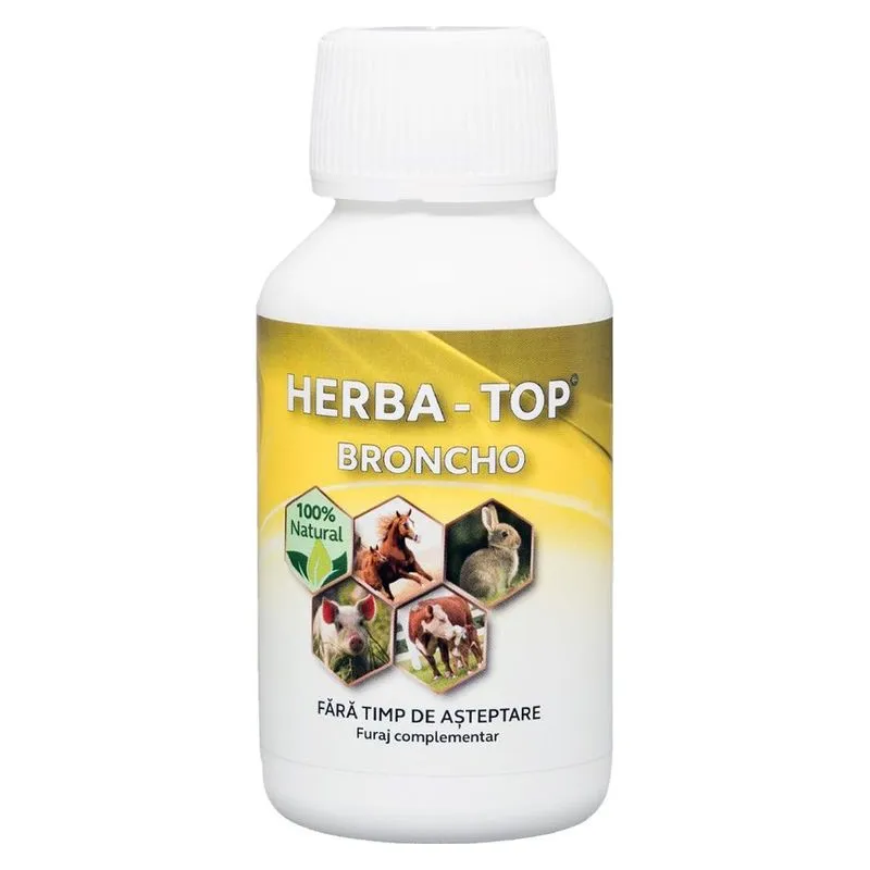 Flaconul alb de 100 ml Herba-Top Broncho, cu etichetă galbenă și imagini cu cai, iepure, porc și vițel