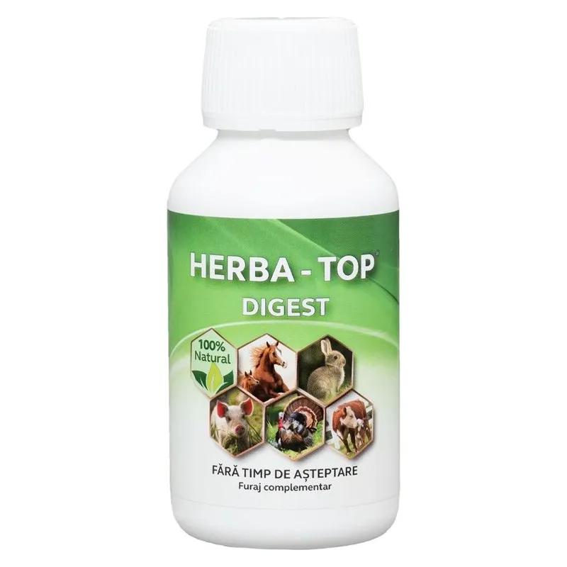 Flaconul alb de 100 ml Herba-Top Digest, furaj complementar cu extract de plante medicinale