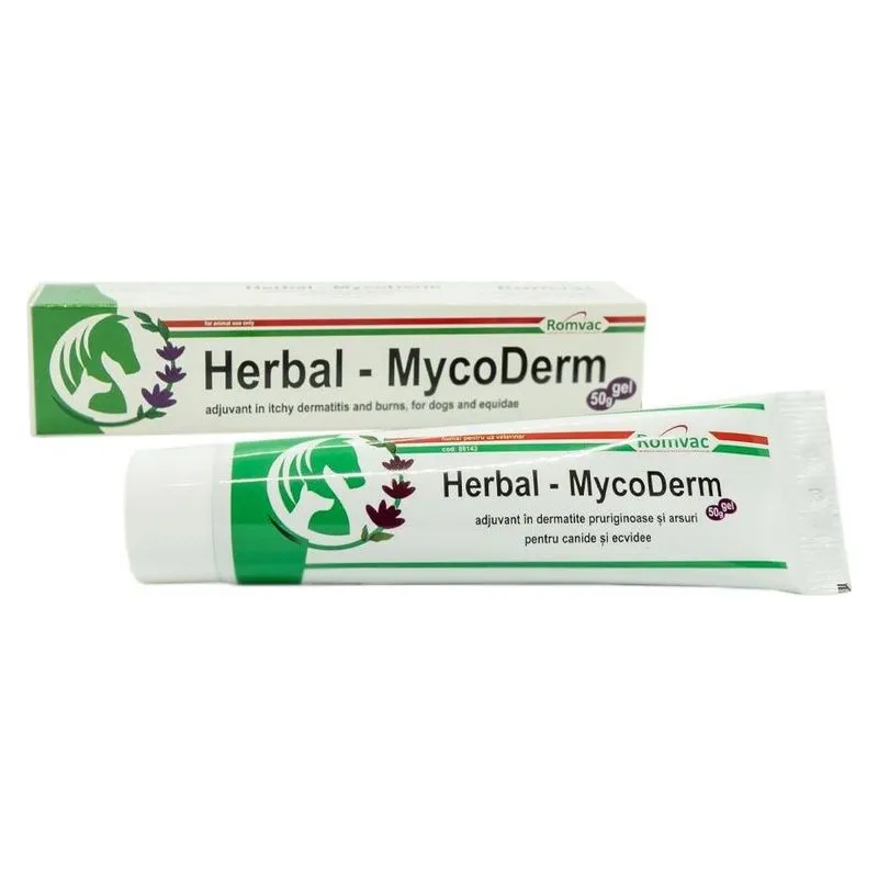 Tubul și cutia de Herbal-Mycoderm, gel de uz veterinar Romvac de 50 g