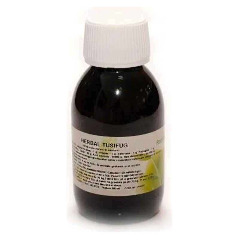 Flaconul brun de 100 ml de Herbal Tusifug, sirop expectorant și calmant, cu capac alb