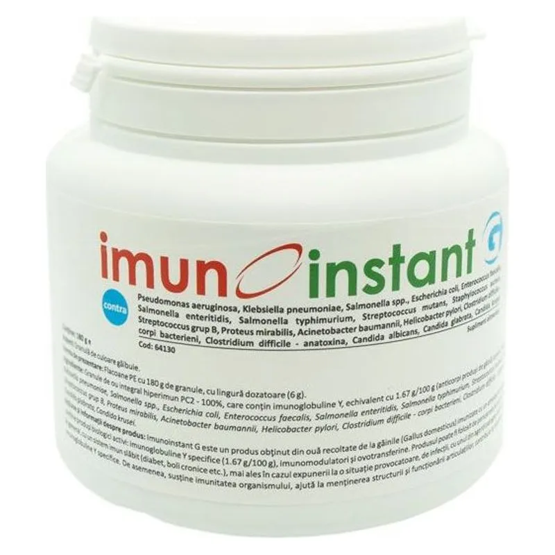 Flaconul alb de Imunoinstant G de 180 g, supliment alimentar Romvac sub formă de granule