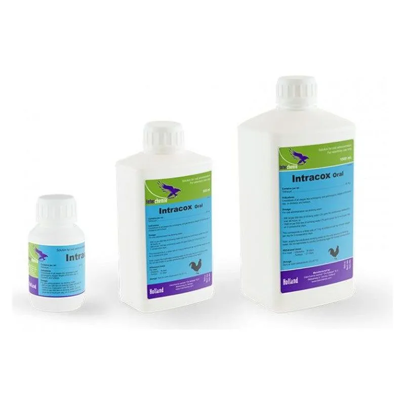 Flacoanele de Intracox Oral de 100 ml, 500 ml și 1000 ml, soluție cu toltrazuril de la Interchemie
