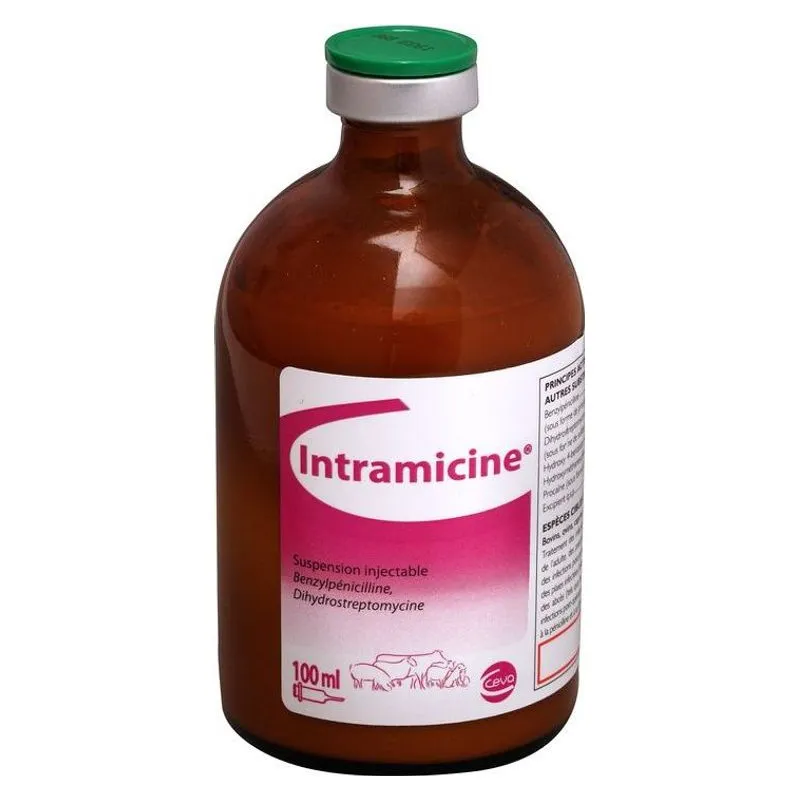 Flaconul de Intramicine 100 ml de la Ceva, suspensie injectabilă cu benzilpenicilină și dihidrostreptomicină