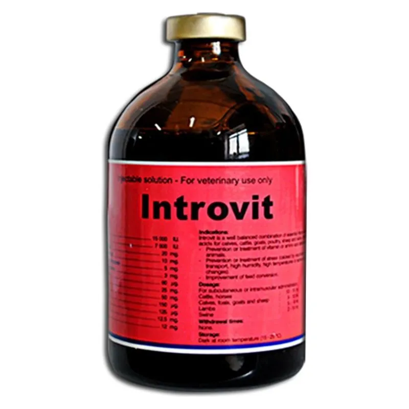 Flaconul din sticlă brună de Introvit cu etichetă roșie, soluție injectabilă multivitaminică, 100 ml