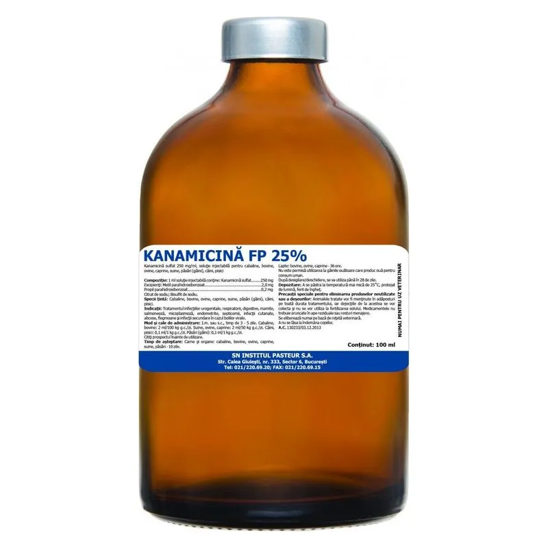 Flaconul de Kanamicină FP 25% injectabil, fabricat de Pasteur Filipești