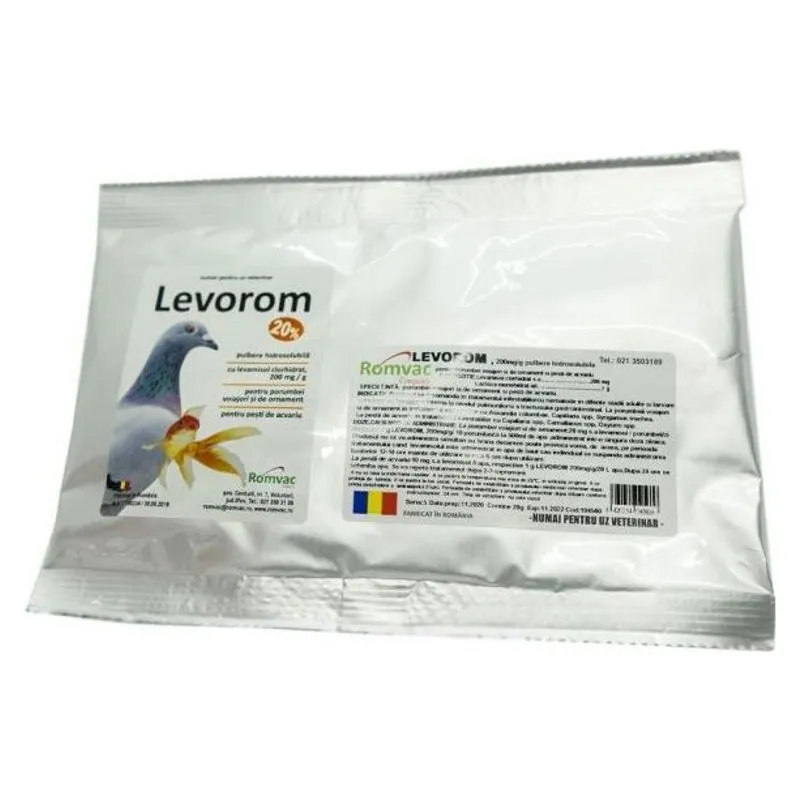Punga de Levorom 20%, pulbere cu levamisol Romvac pentru porumbei și pești ornamentali