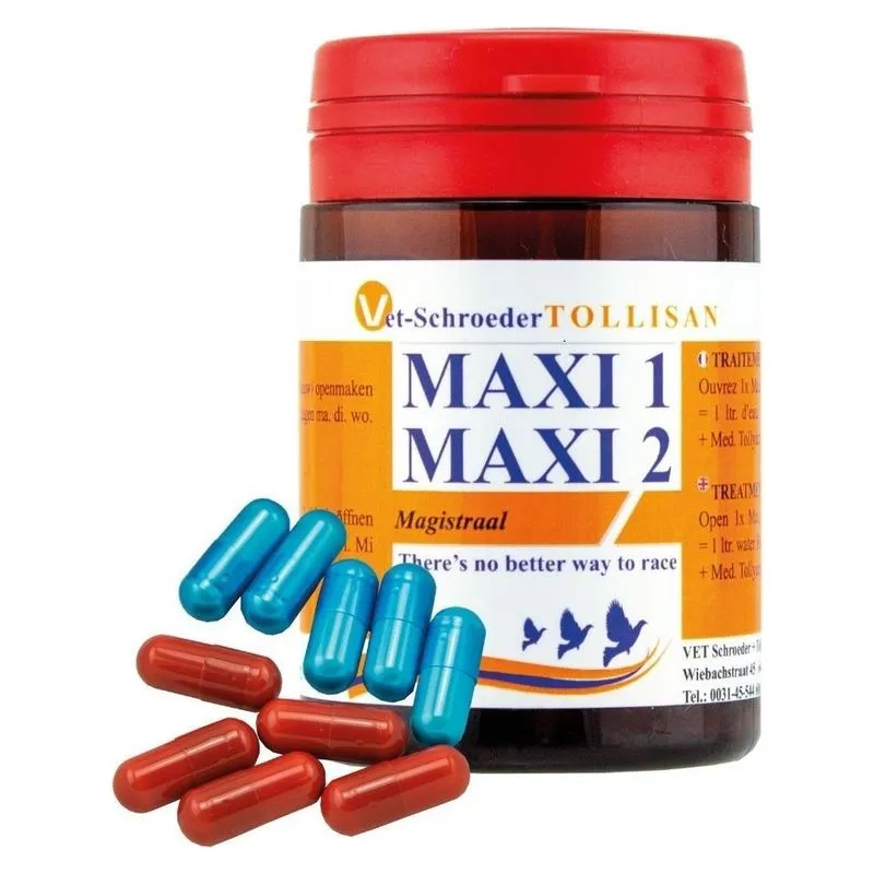 Flaconul Maxi 1 Maxi 2 Tollisan cu capsule în două culori pentru porumbei