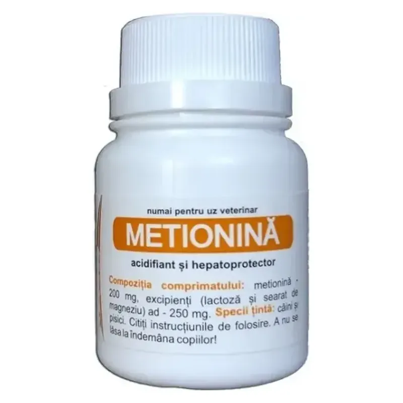 Flaconul alb de Metionină, comprimate acidifiant și hepatoprotector pentru câini și pisici