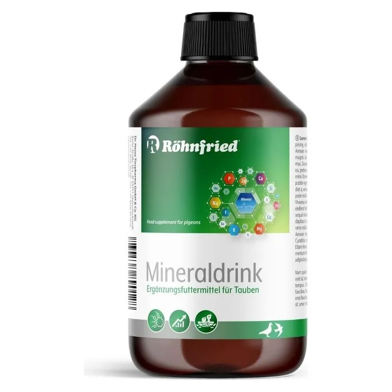 Flaconul brun de 500 ml de Mineraldrink Röhnfried, supliment mineral lichid pentru porumbei
