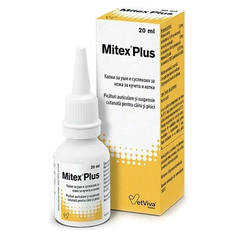 Cutia și flaconul de Mitex Plus, picături auriculare pentru câini și pisici, 20 ml