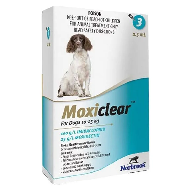 Cutia de Moxiclear pentru câini de 10-25 kg, soluție spot-on cu imidacloprid și moxidectină, 3 pipete de 2,5 ml