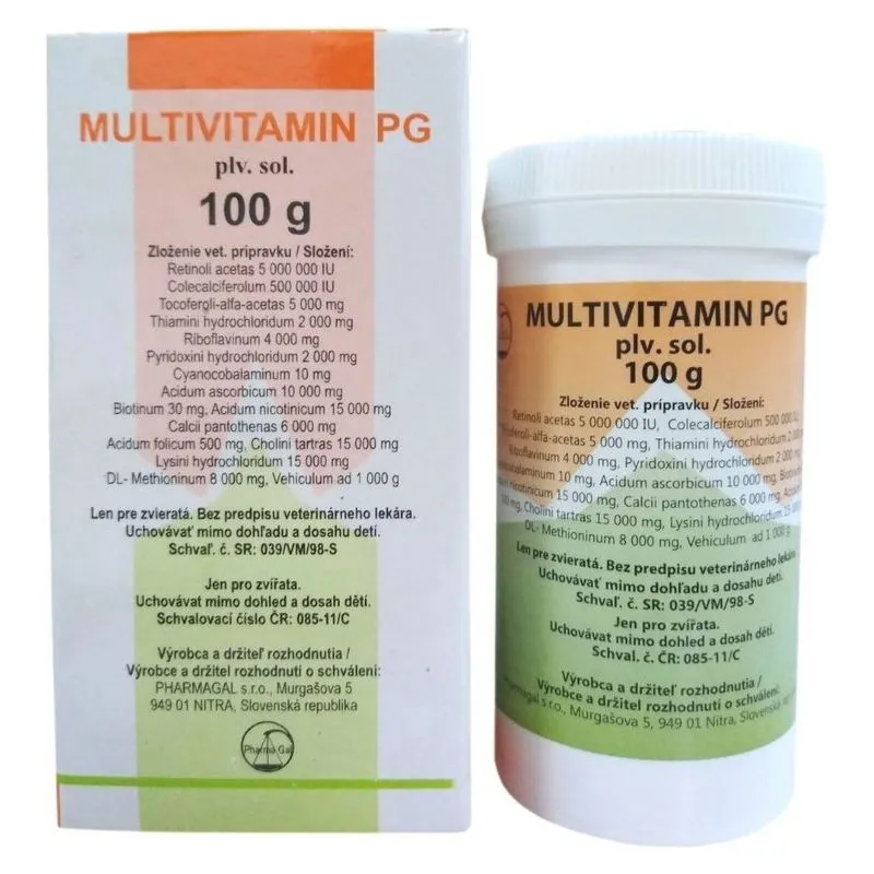 Cutia și flaconul de 100 g de Multivitamin PG Pharmagal pentru porumbei