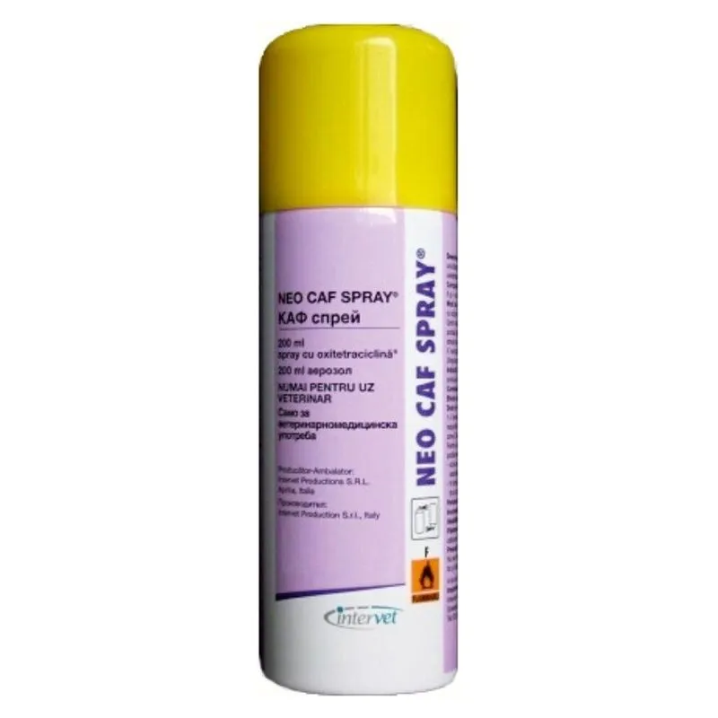Recipientul de Neo Caf Spray Intervet, 200 ml, cu capac galben și eticheta mov