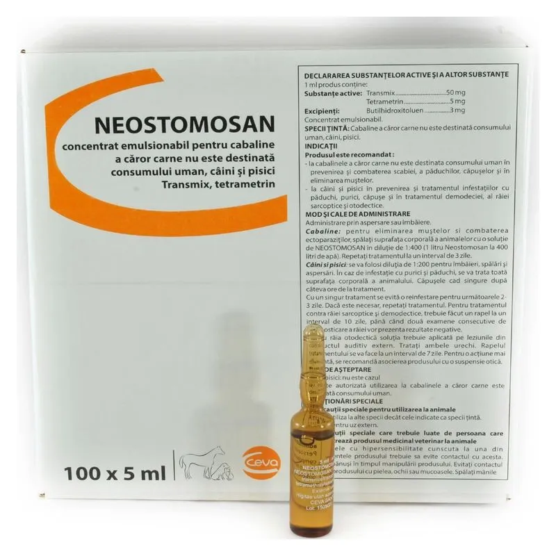 Fiola și cutia de Neostomosan, concentrat emulsionabil Ceva (ambalaj de 100 x 5 ml)