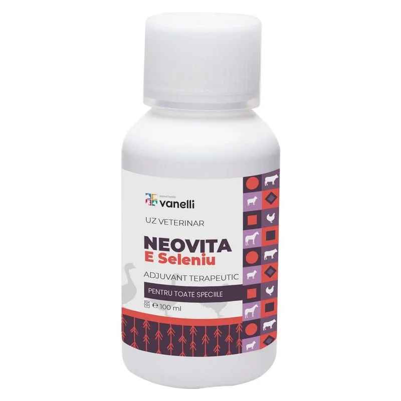 Flaconul alb de 100 ml de Neovita E Seleniu de la Vanelli, supliment cu vitamina E și seleniu