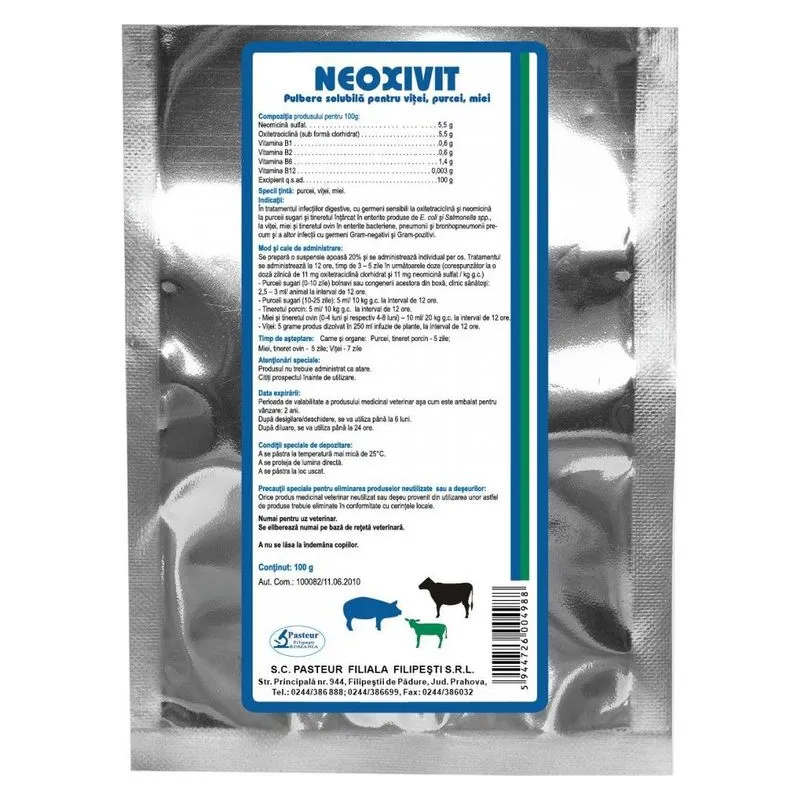 Punga de Neoxivit, pulbere cu neomicină, oxitetraciclină și vitamine B, fabricată de Pasteur Filipești