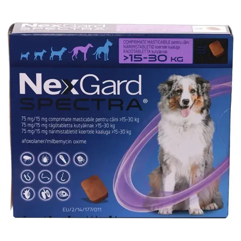 Cutia de Nexgard Spectra pentru câini de 15-30 kg, comprimate masticabile