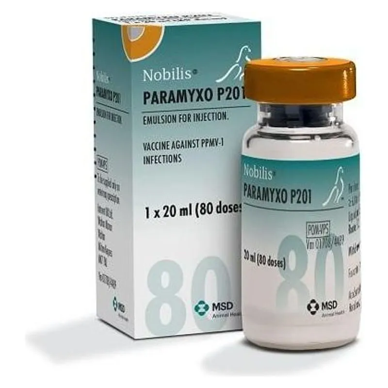 Cutia și flaconul de Nobilis Paramyxo P201, vaccin pentru porumbei, 20 ml cu 80 de doze